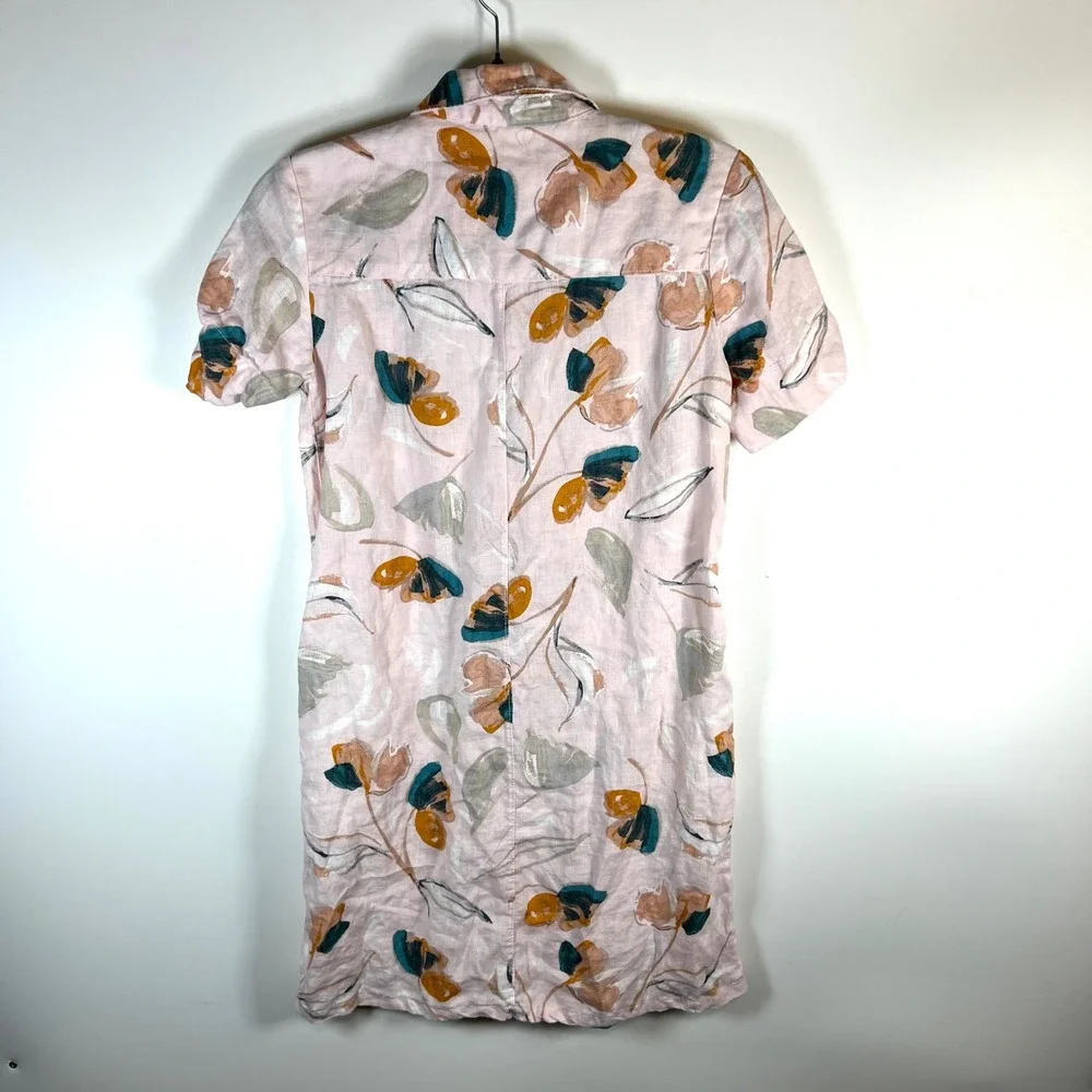 Rachel Zoe Linen Floral Shirt Dress Pink Mustard‎ Short Sleeve Button Front XS